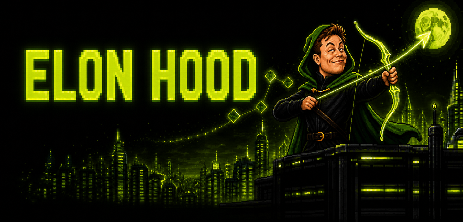 Elon Hood aiming a glowing bow over a pixel city